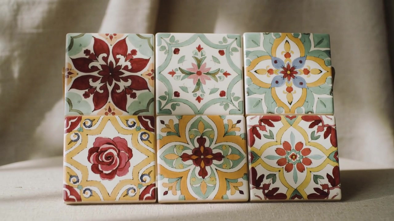 Luce dall'alto a sinistra che illumina un set di sei piastrelle di ceramica disposte su uno sfondo di tessuto drappeggiato per esposizione.