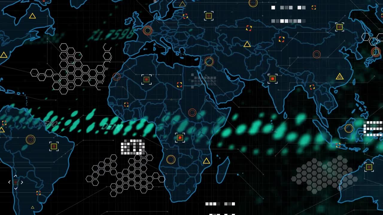 Animation of data processing over world map on black background