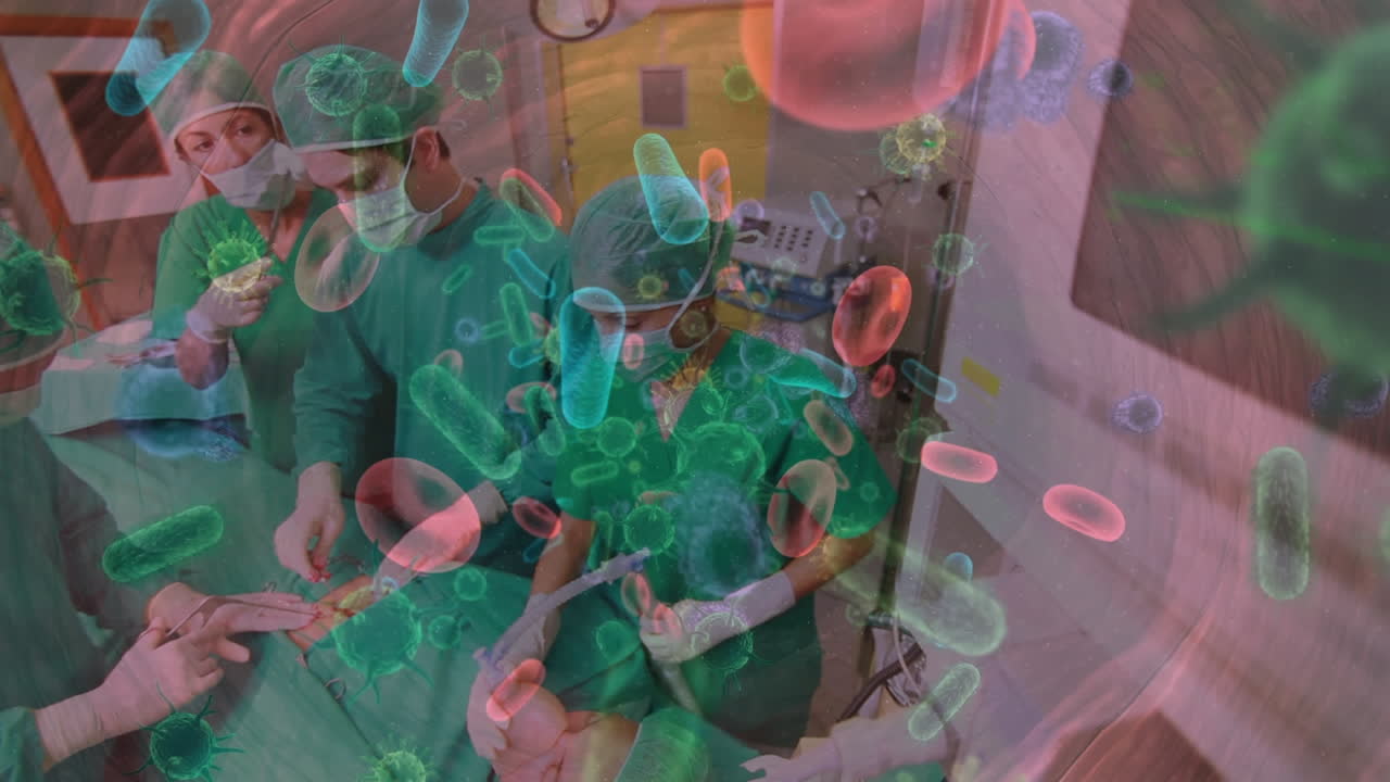 수술 중에 의사 위에 떠다니는 바이러스 세포의 애니메이션