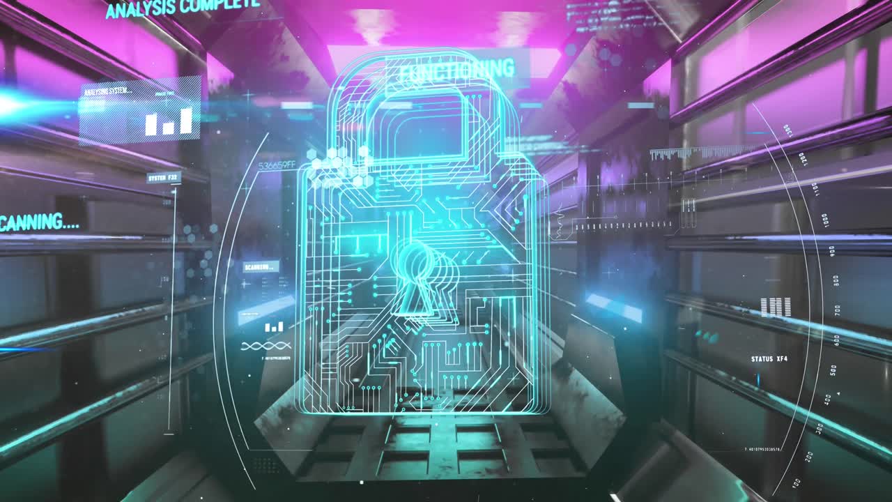 Animation of security padlock over tunnel and digital interface