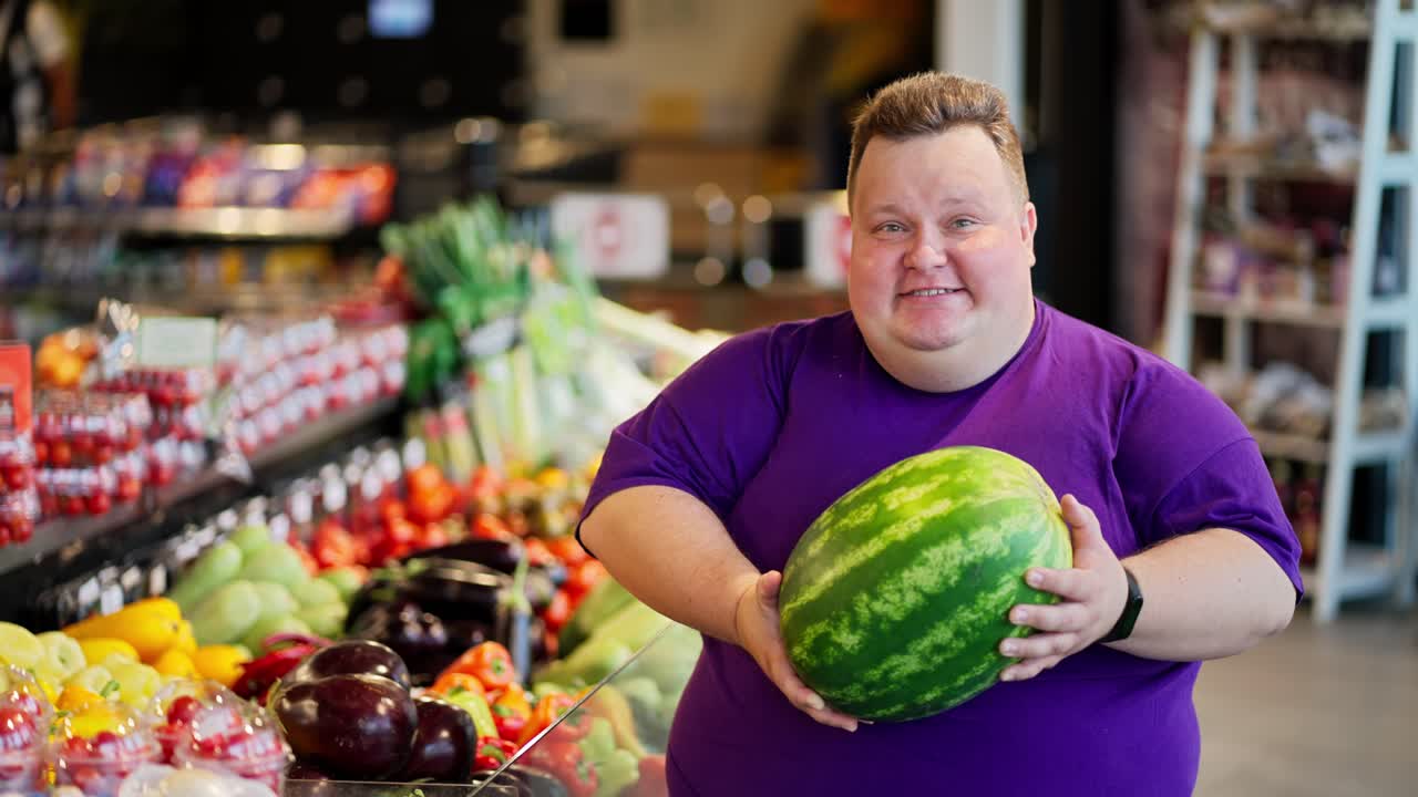 retrato de un hombre feliz con sobrepeso en una camiseta púrpura que sonríe y mira a la cámara y sostiene una sandía grande y verde en sus manos en un supermercado cerca del mostrador con verduras