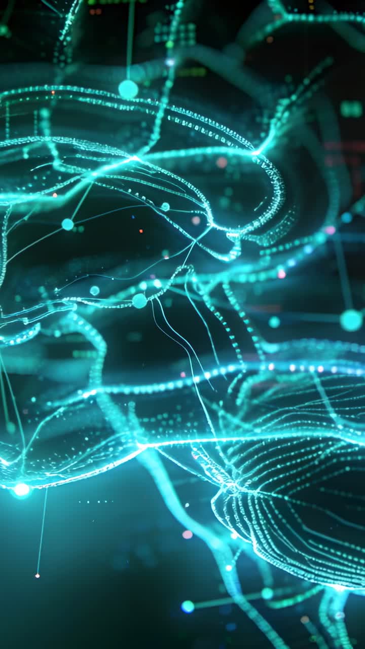 Playing turquoise filament network, nodes pulsing and particles drifting, showing data flow