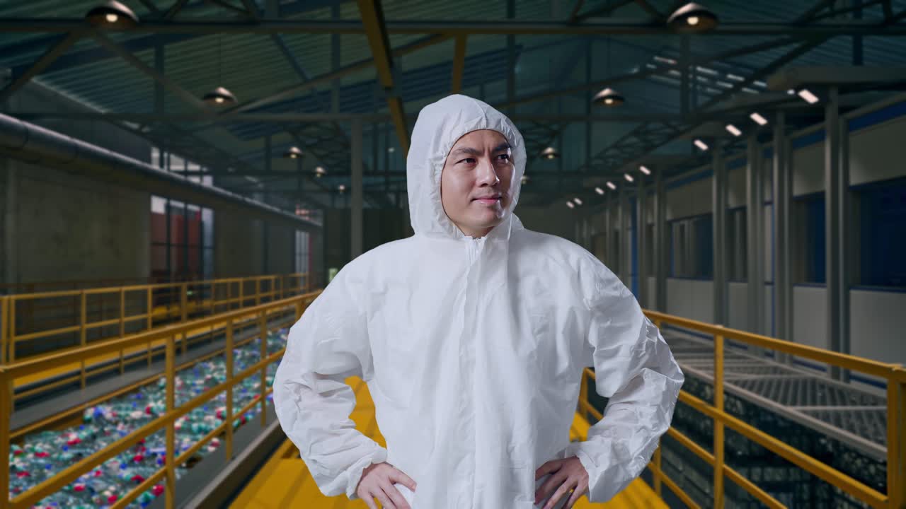 En asiatisk mannlig forsker som står med hendene på hoften og ser seg rundt, mens han inspiserer driften av et plastgjenvinningsanlegg med et transportbånd av flasker.