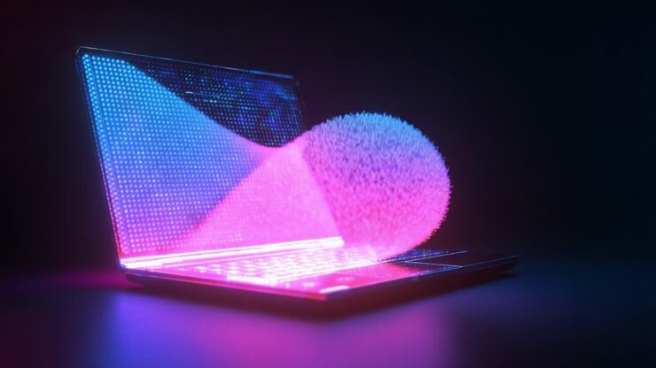Una straordinaria visualizzazione digitale di un laptop che emana particelle dinamiche e colori vivaci, mostrando l'intersezione tra tecnologia ed espressione artistica nell'era digitale