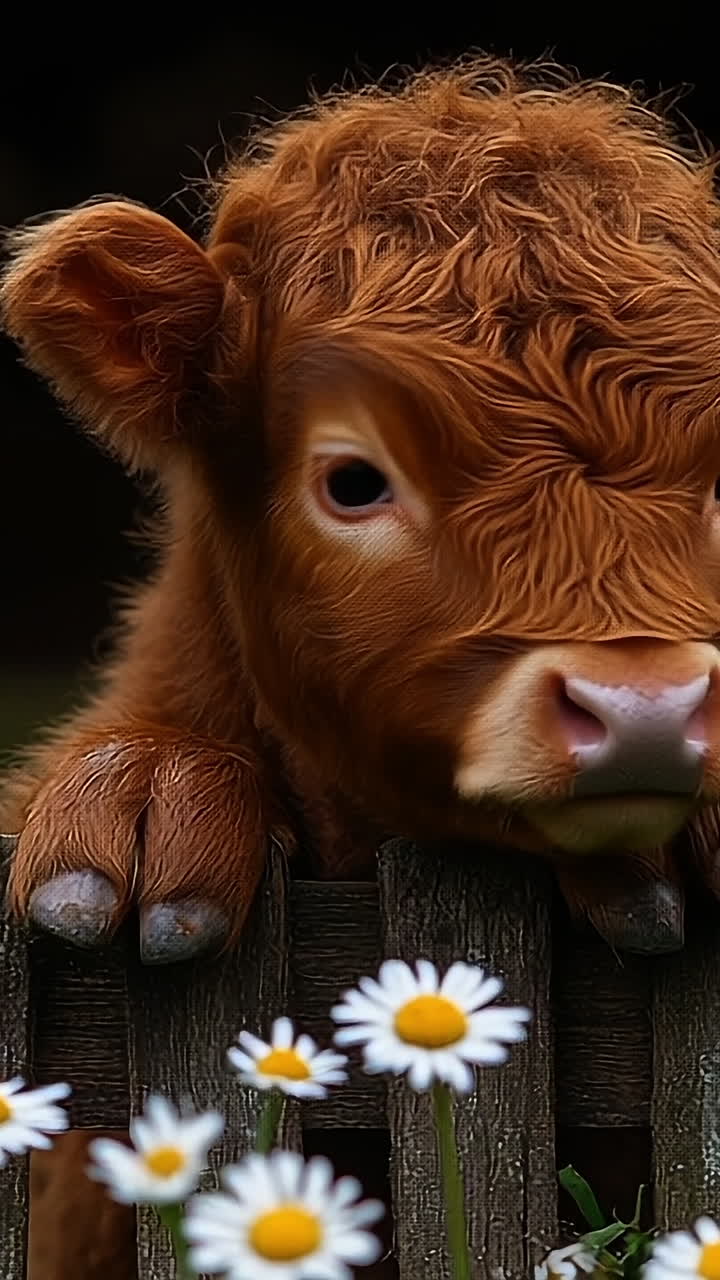 Curious calf peeks over wooden fence. A young brown calf leans over a rustic fence surrounded by daisies, showcasing its playful curiosity in a farm setting.