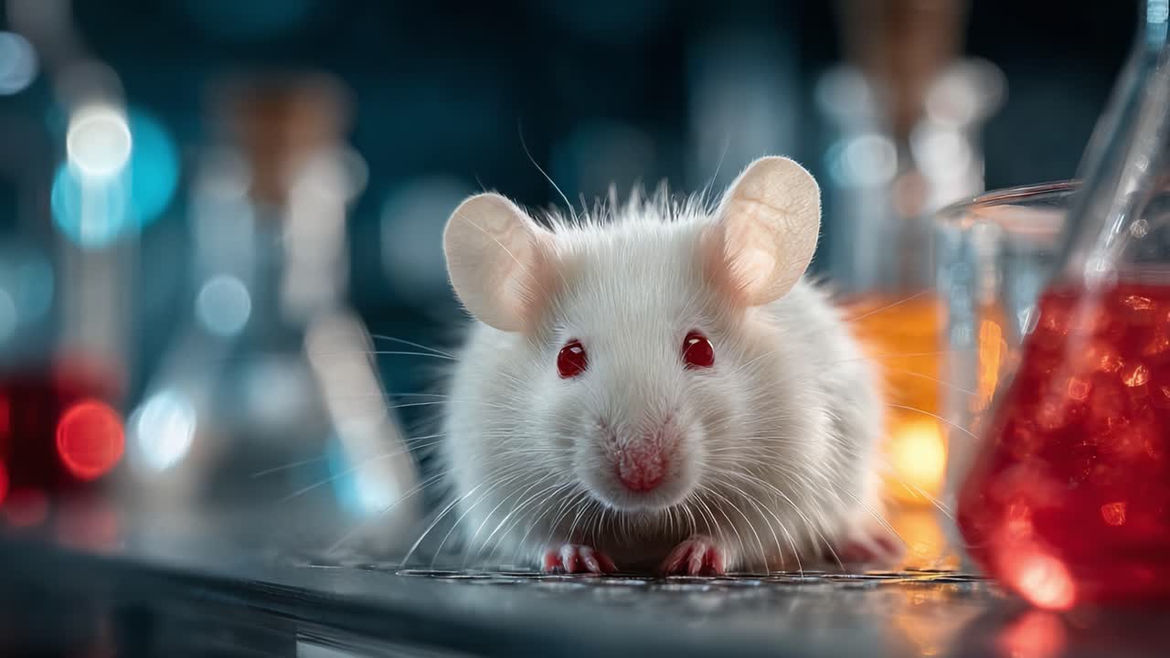 A Laboratory Mouse Engaged in Scientific Research: Exploring Behavior and Environment with Colorful Glassware Around It