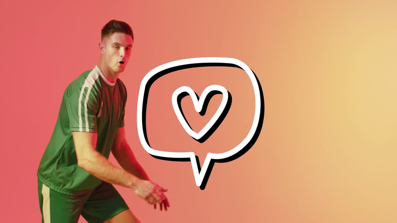 Animation of athlete in green uniform with heart speech bubble on orange background
