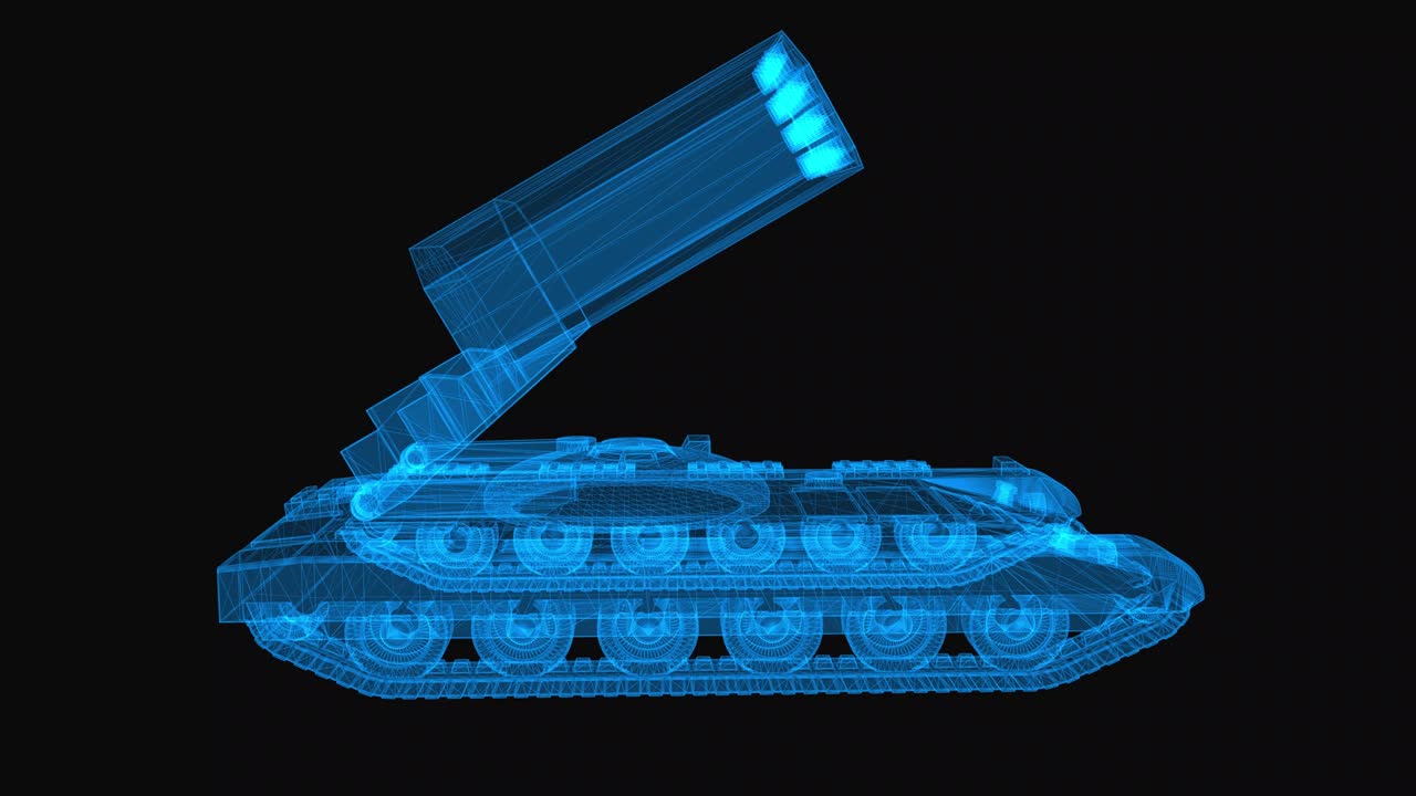 Tank rocket launcher wireframe scheme. 3d render with blue grid lines. Loop rotation on black background.