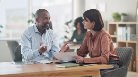 financial advisor, woman and office documents