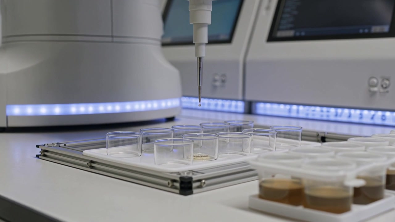 Ekran komutu alan robotik pipetin, aktarım yapmak üzere laboratuvar tezgahındaki kuyu plakasına ucunu indirmesi