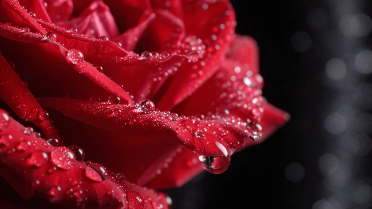 Gros plan captivant d'une rose rouge couverte de rosée, présentant des pétales éclatants ornés de gouttelettes d'eau scintillantes sur un fond sombre et mystérieux