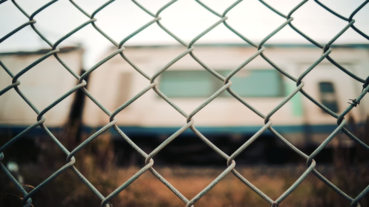 Dynamic shot of a passing train seen through a metal chain link fence