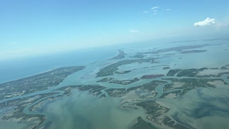 Aerial-panoramic-view-of-Venice-lagoon-and-Burano-island-during-a-right-turn-after-depature-from-the-airport