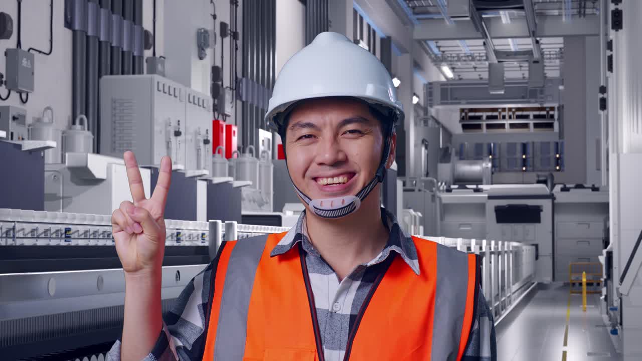 Close Up Of Asian Male Engineer With Safety Helmet Smiling And Showing Peace Gesture While Standing At Pharmaceutical Factory, Vaccine Production Facility