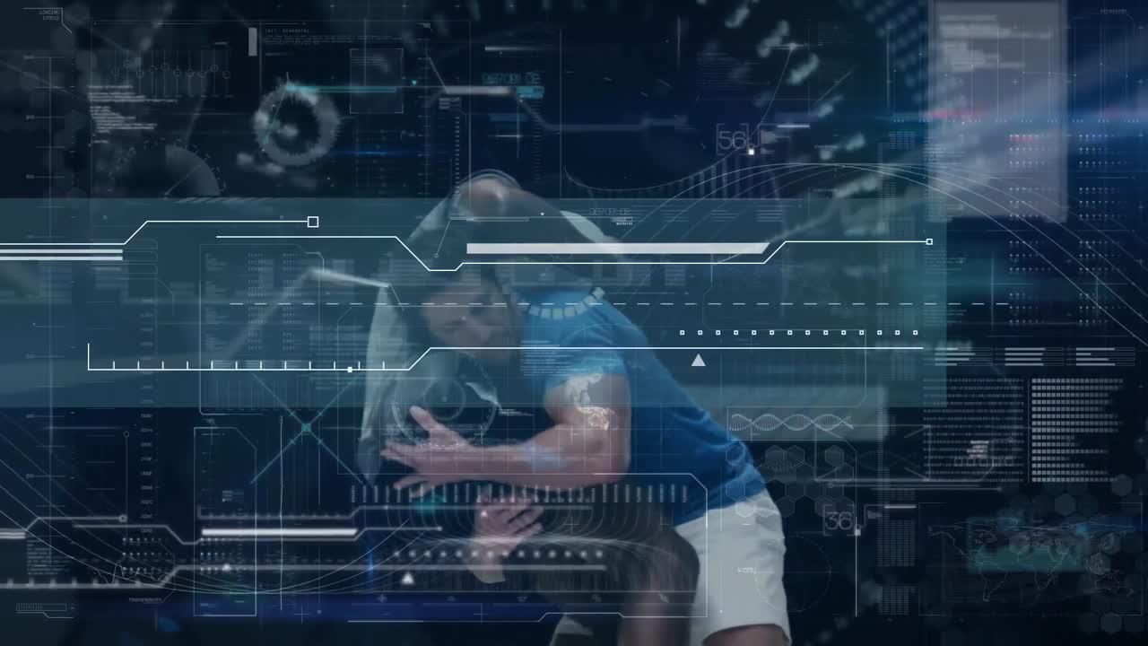 Animation of digital data processing over two rugby players fighting for ball
