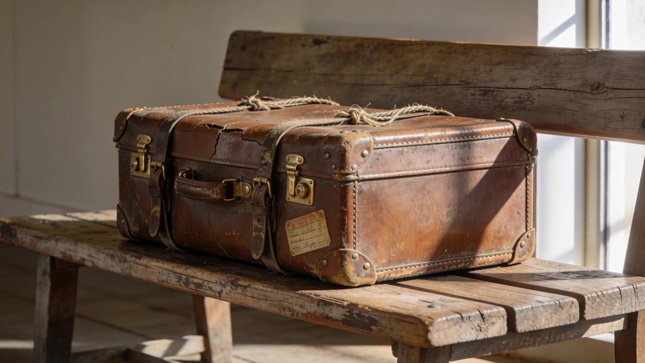 Shifting sunlight showing leather suitcase on bench by window, revealing brass latches, frayed rope