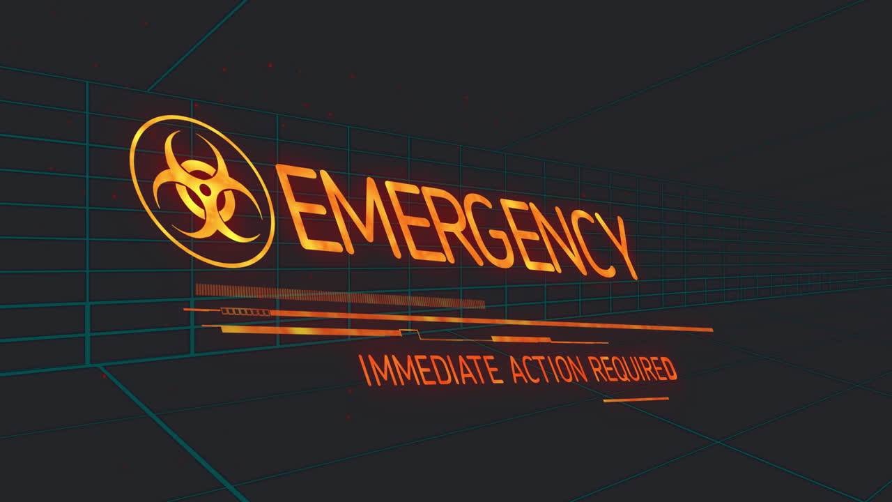 Biohazard symbol with Immediate Action Required alert in animation style