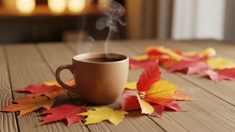 a cozy autumn scene with a warm cup of coffee surrounded by colorful fall leaves, perfect for a relaxing moment or a comforting beverage experience