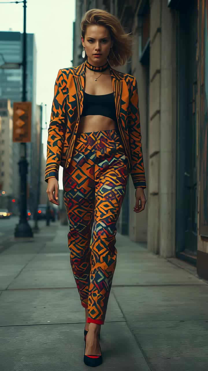 Vertical video: Walking model showcasing orange set along city sidewalk, breeze causing hair sway