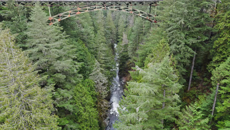 4k drone footage approaching bridge over river and evergreen forest