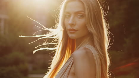 blonde woman in beige dress at sunset
