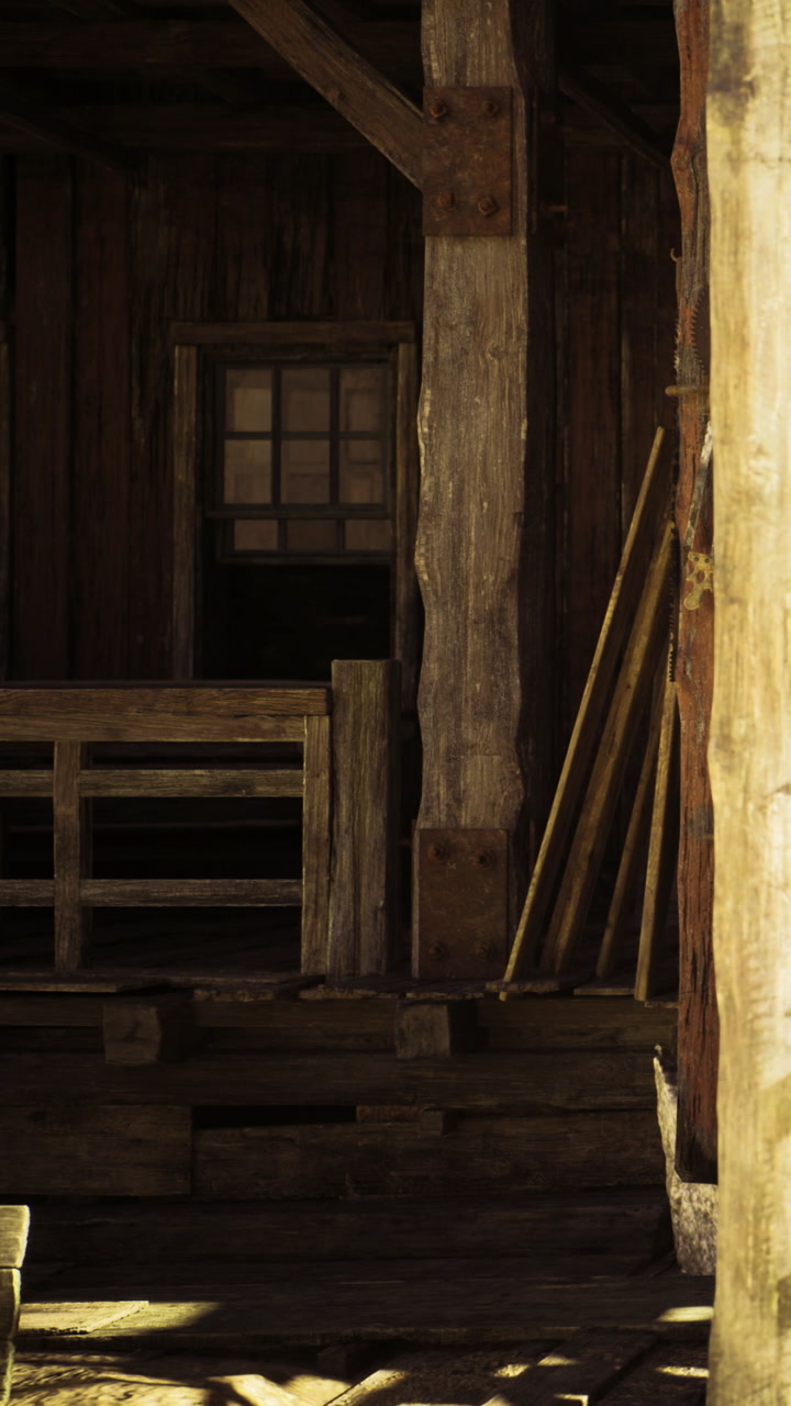 Rustic wooden structure illuminated by warm sunlight in an old barn