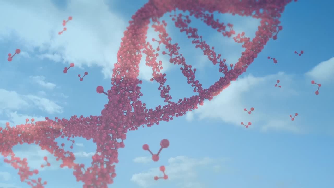 Animation af en 3D DNA-streng, der snurrer, og databehandling over en sovende baby.