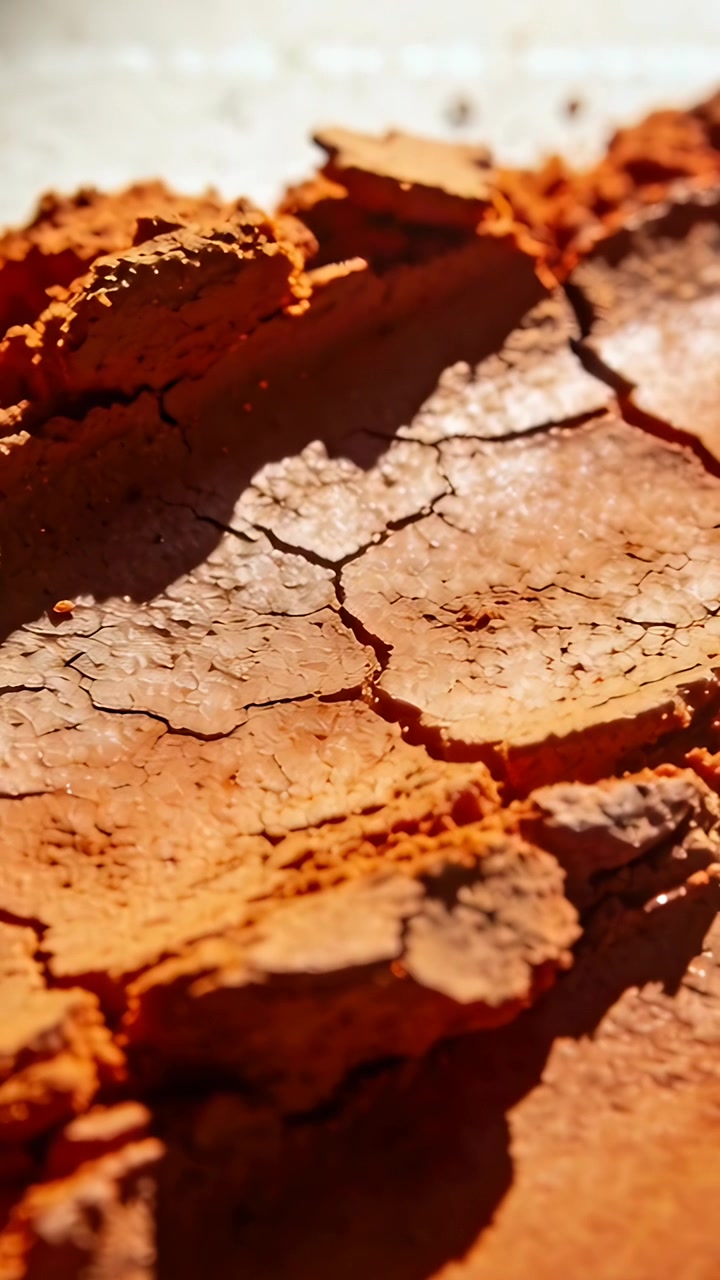 Video verticale: Messa a fuoco variabile, telecamera che mostra piatti di argilla rossa incrinati su terreno secco con fessure.