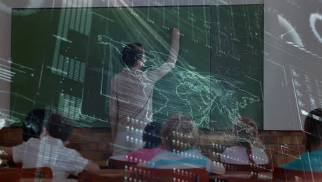 animación de un maestro en un aula sobre la tierra con procesamiento de datos en el fondo