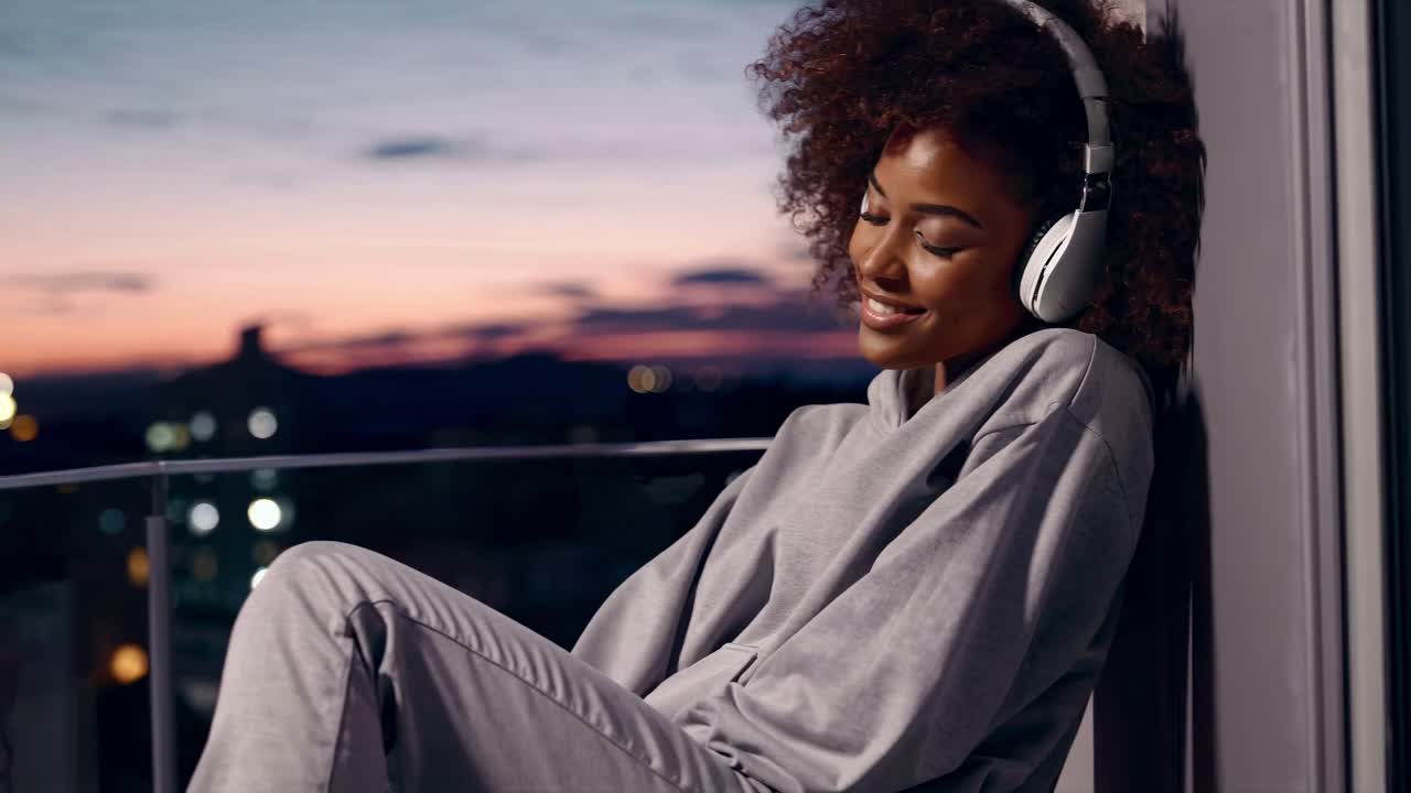 Una donna con le cuffie si gode la musica al tramonto, appoggiata a un balcone
