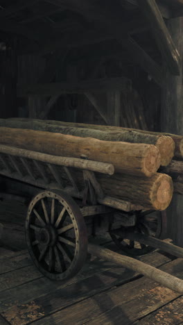 old wooden log cart in a barn