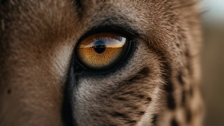 Glistening cheetah eye displaying sunset reflection at grassy plain during golden hour, savannah