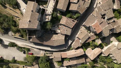 rooftops birds-eye-view old french village balazuc ardeche river south france aerial overhead summer