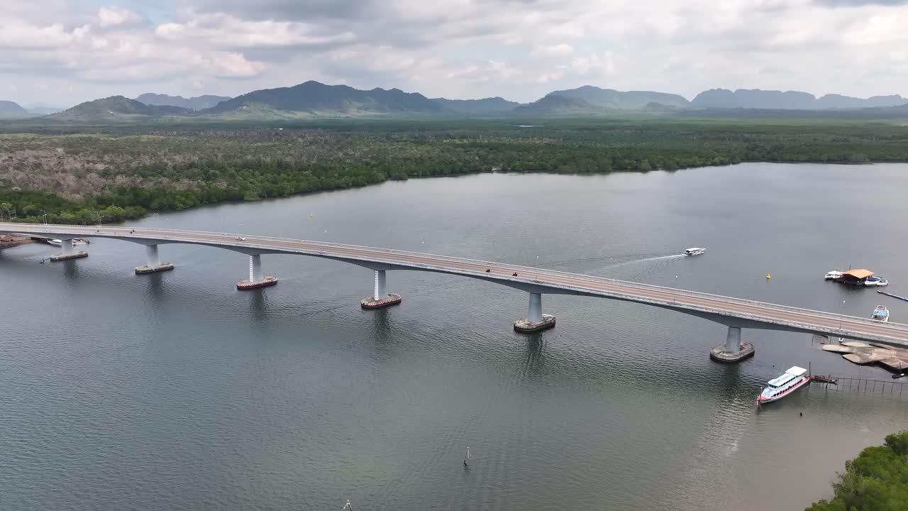 Traffic Over Siri Lanta Bridge At Sala Dan In Ko Lanta District, Krabi, Thailand. Aerial Drone Shot