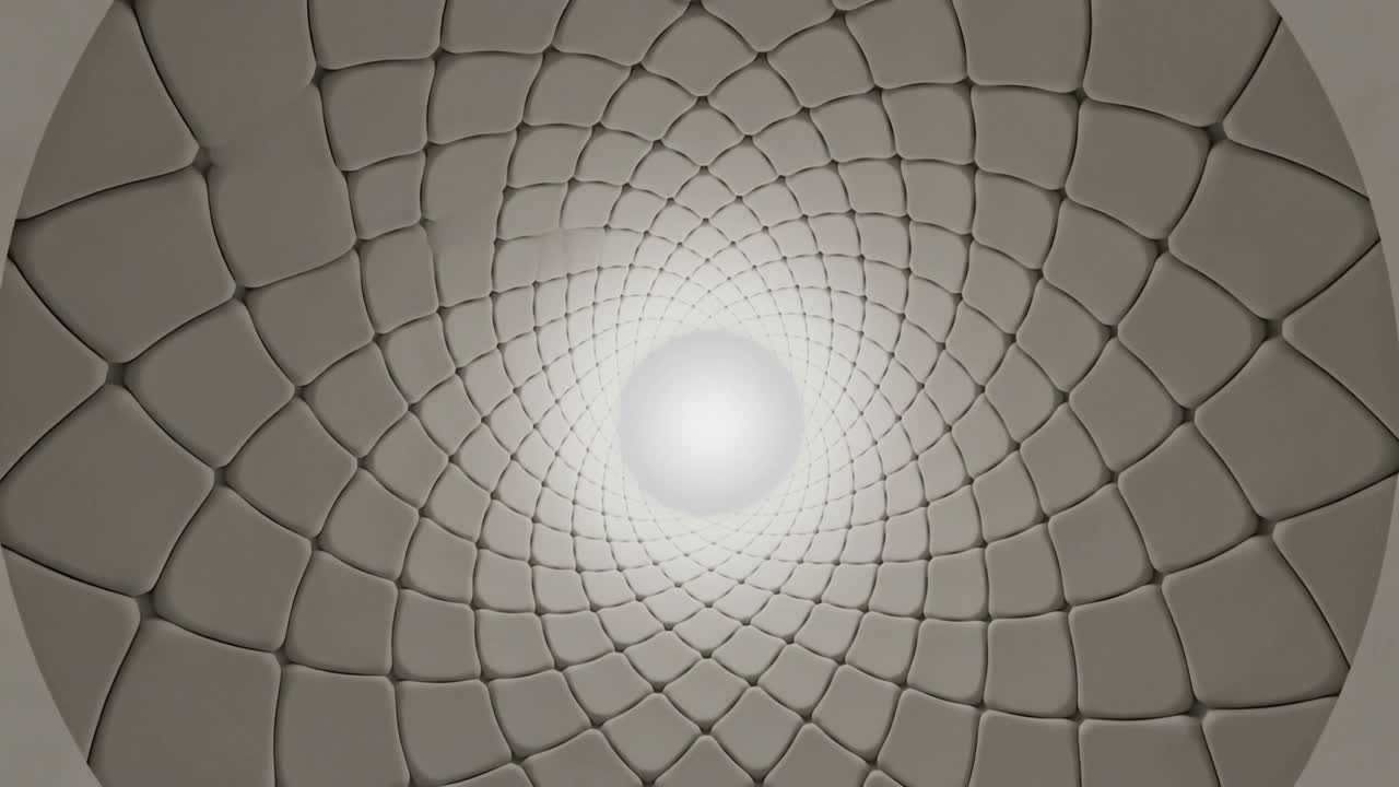 Rotating on play, abstract tiled spiral in beige vignette pulling eye to luminous orb