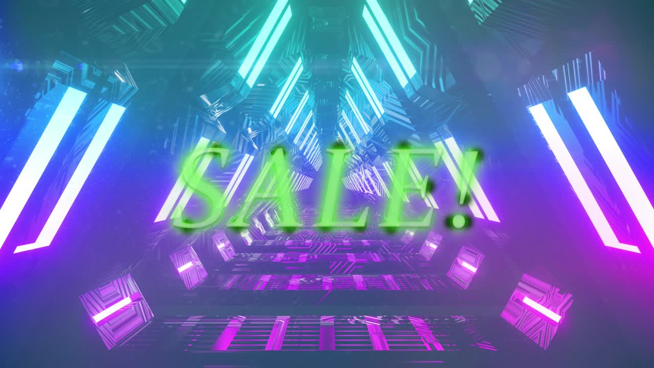 빛나는 네온 터널 위에 녹색 네온 문자로 판매 텍스트의 애니메이션