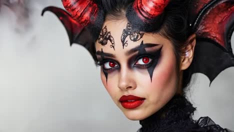 a woman with a devil makeup look with horns and horns on her head