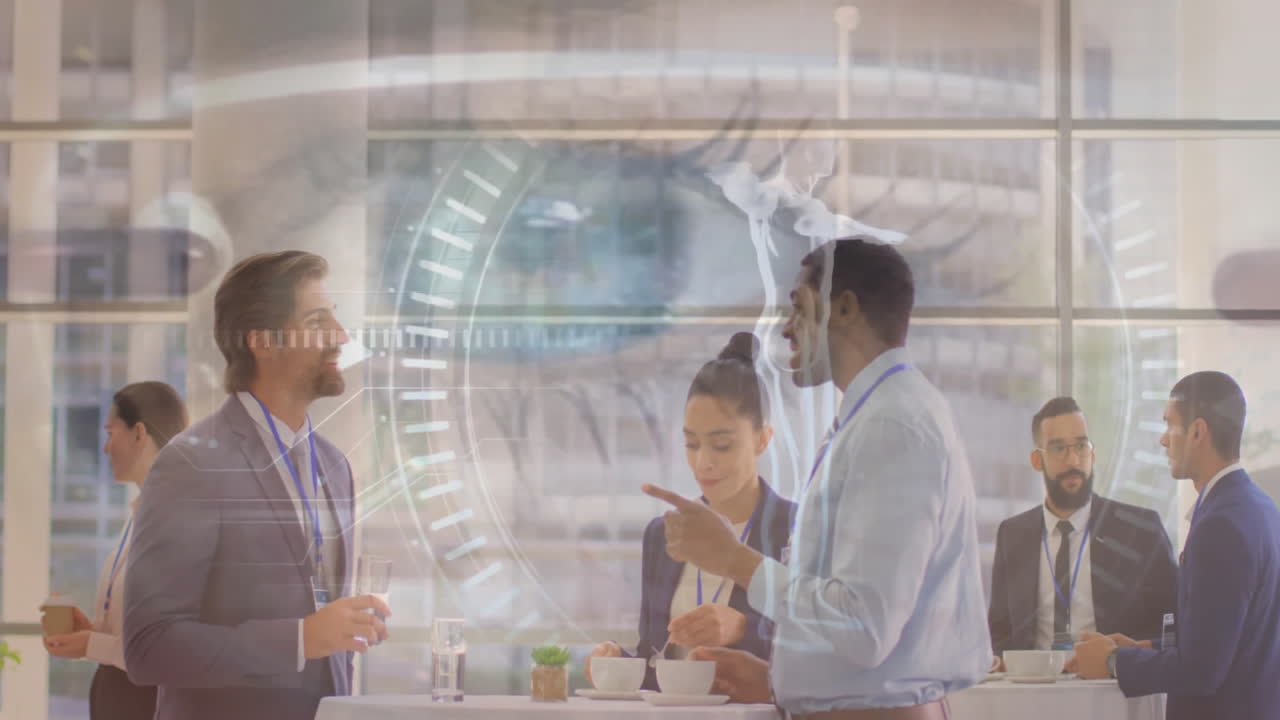 Networking at conference, business professionals with digital biometric overlay animation