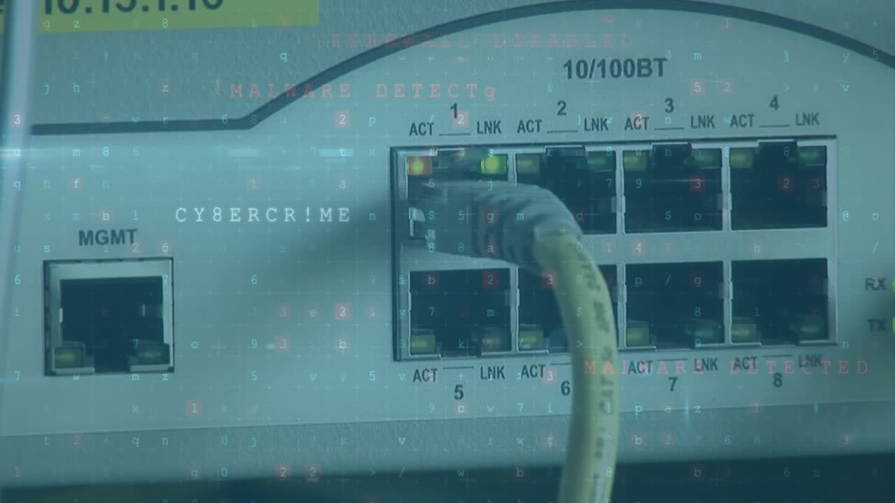 Animation of data processing and hacking texts over close up of server cable