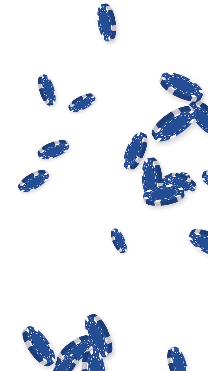 Vertical animation of blue casino chips falling and bouncing against a clean white background.