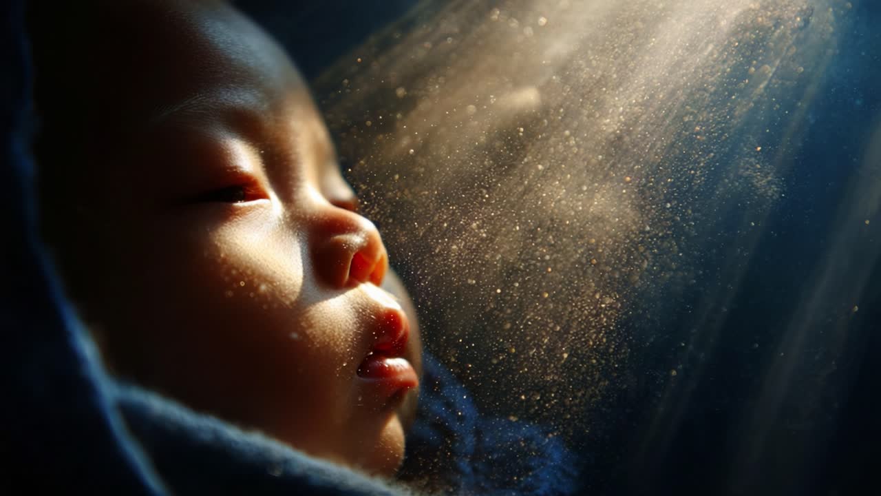 A Serene Moment Captured: A Sleeping Baby Bathed in Soft Light Particles, Evoking Peacefulness and Innocence Through a Dreamy Atmosphere and Beautiful Details