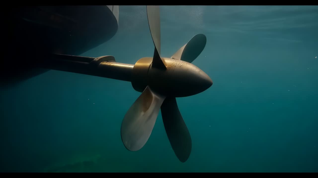 Sich drehender bronzener 4-Blatt-Propeller achtern unter Wasser beim Motorstart, aufsteigende Blasenwolke abwerfend