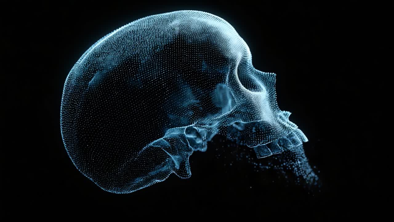 Una rappresentazione 3D traslucida di un teschio in movimento, che mostra particelle che emanano dalla sua superficie contro uno sfondo nero, evocando un'atmosfera mistica