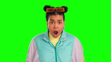 face, green screen and woman shocked