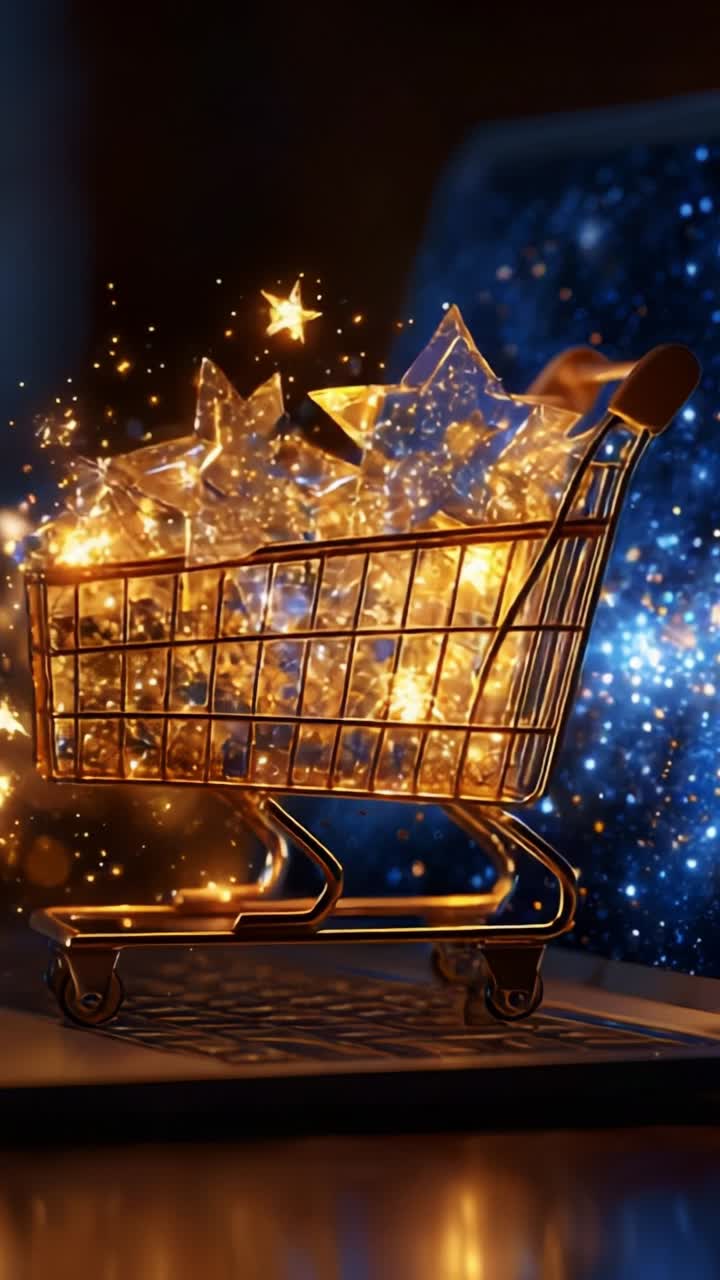 A Magical Shopping Cart Filled with Sparkling Stars and Glittering Treasures, Glowing in a Mystical Cosmic Background, Enhancing the Wonder of Consumerism