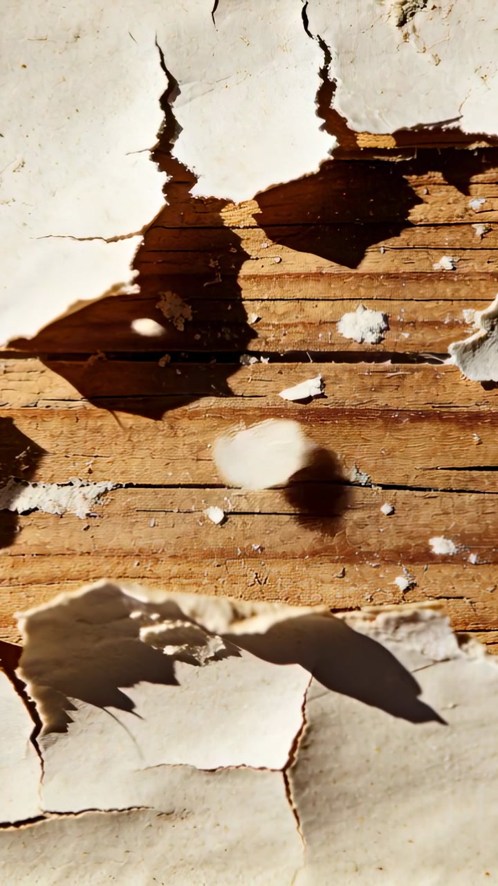 Vertical video: Flaking white paint dropping small round fragment on plank from sun, camera tilting