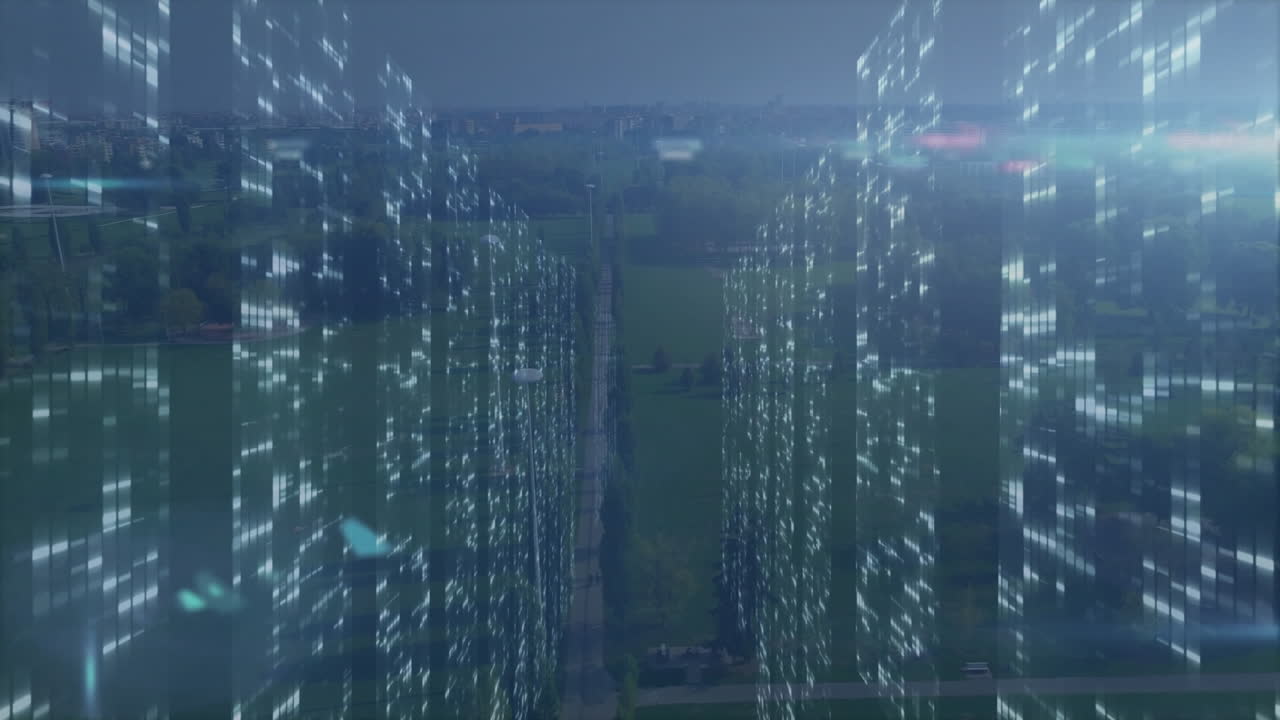 Futuristic data towers rising over rural fields, with glowing pixelated holographic markers