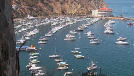 high angle wide overview of the town of avalon on catalina island with the opera house in background