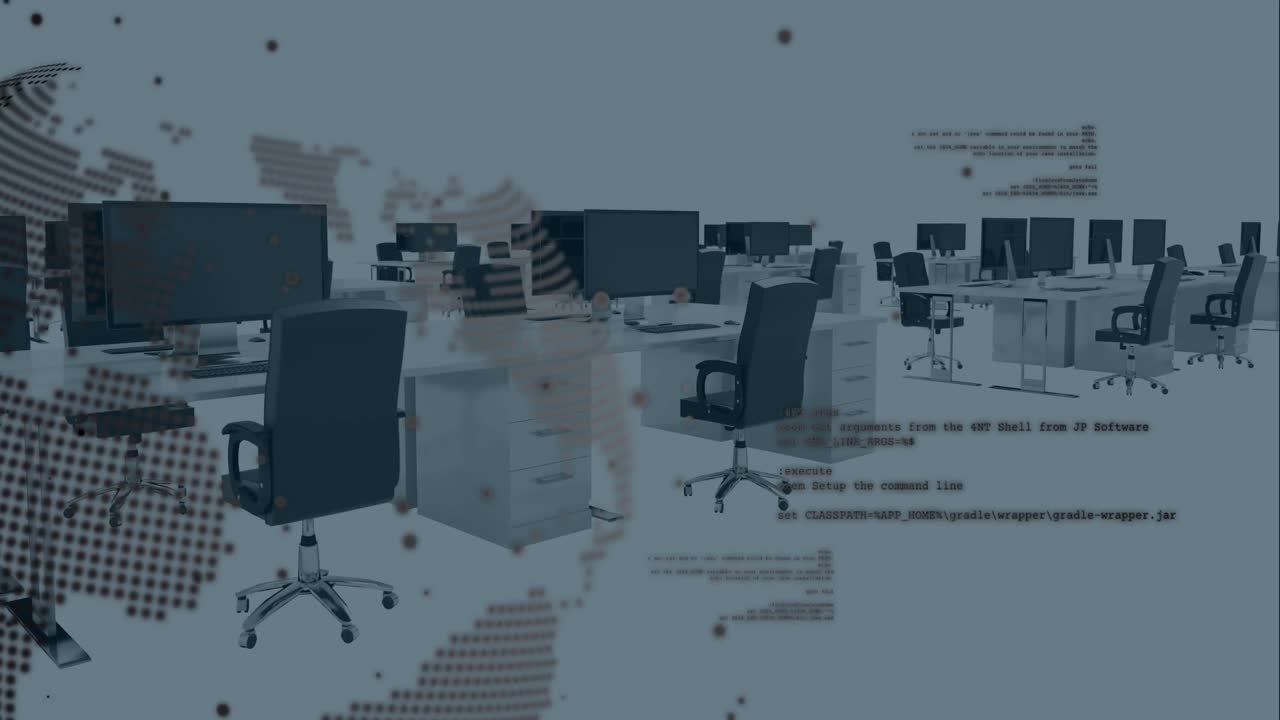 빈 사무실에 대해 회전하는 지구와 데이터 처리의 애니메이션