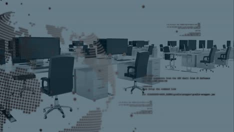 animation of spinning globe and data processing against empty office
